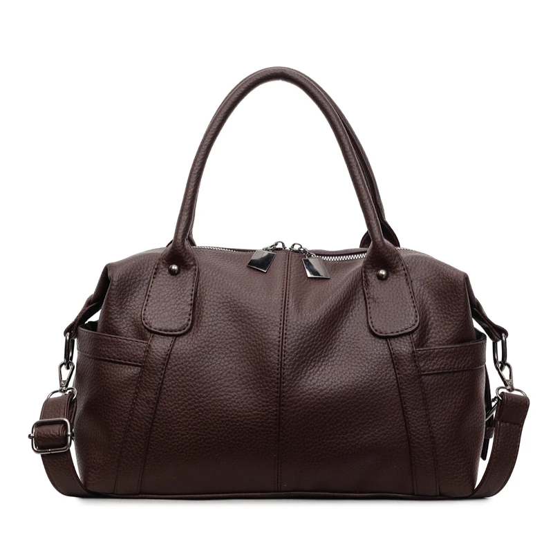 Dark brown pebble-texture zip-top tote with handles and long strap