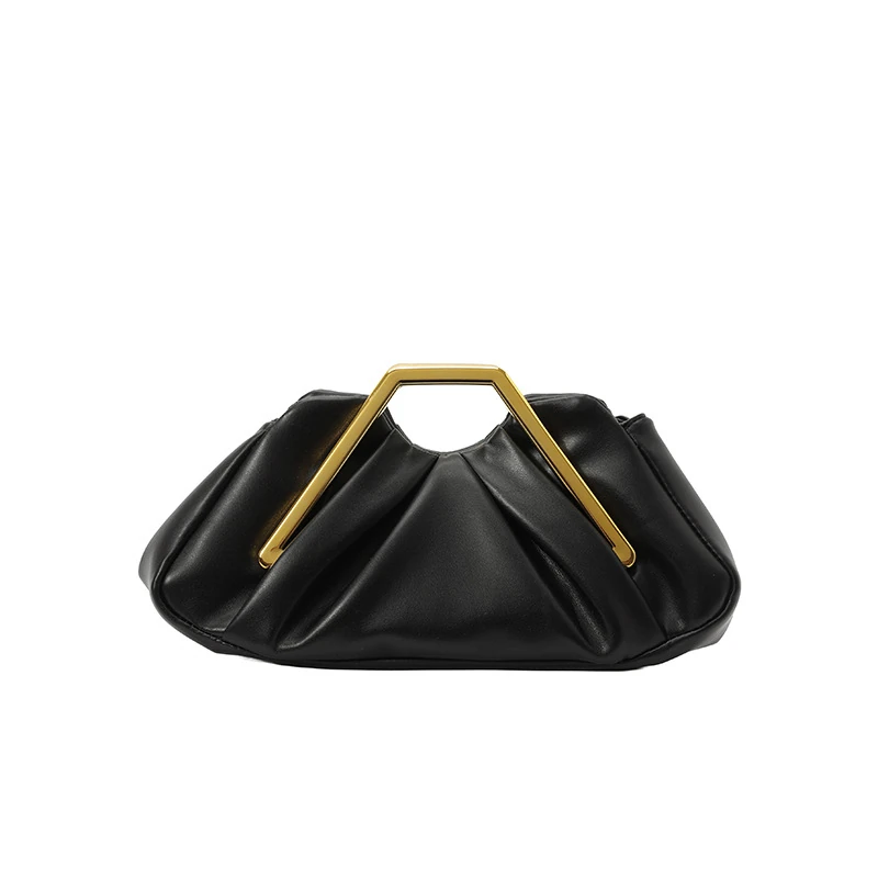 Black pleated cloud clutch with angular gold-tone handle, front view