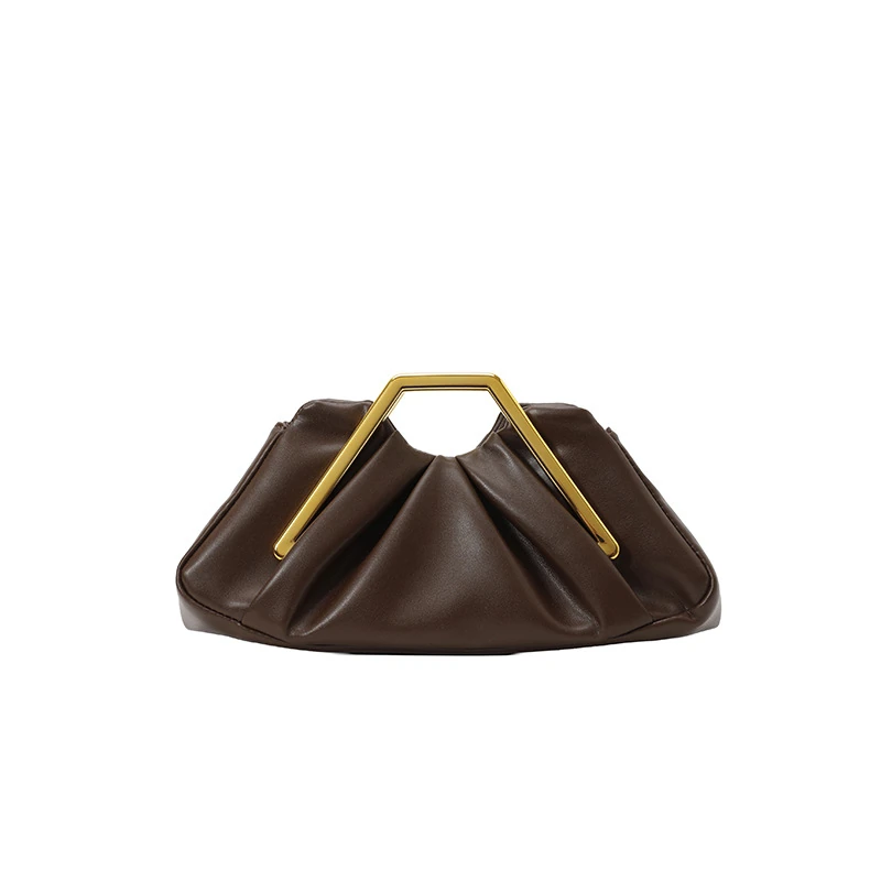 Dark brown pleated cloud clutch with angular gold-tone handle, front view