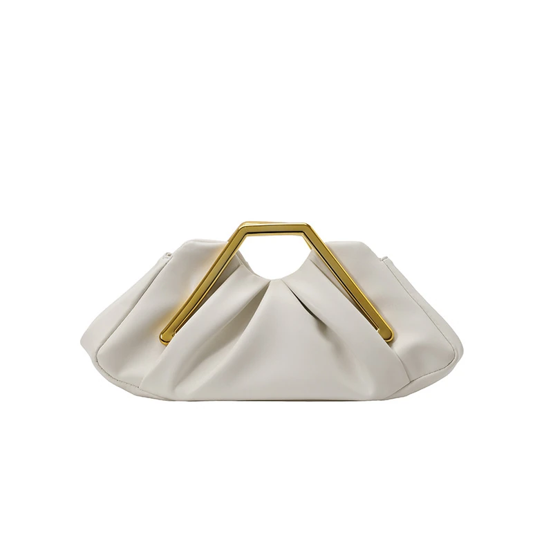 Ivory pleated cloud clutch with angular gold-tone handle, front view