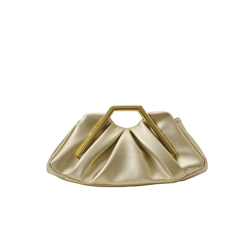 Metallic gold pleated cloud clutch with angular gold-tone handle, front view