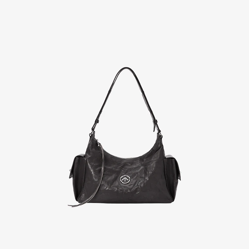 Black soft crescent hobo bag with side pockets and shoulder strap