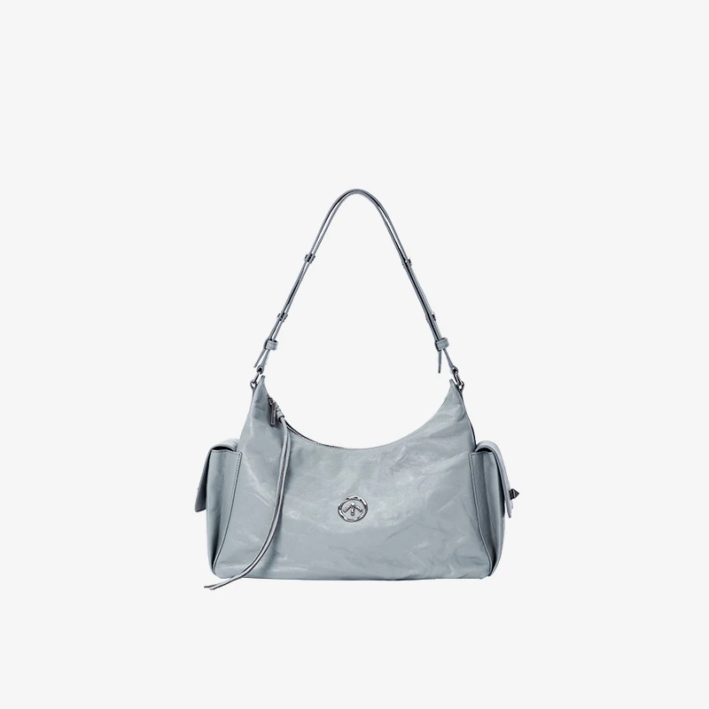 Pale blue soft hobo bag with curved opening and side pockets