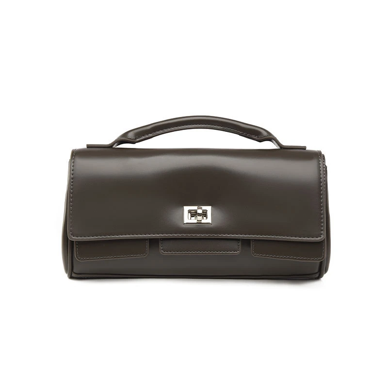 Charcoal structured flap clutch with slim top handle and silver-tone clasp