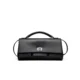 Black rectangular flap clutch with top handle and centered clasp