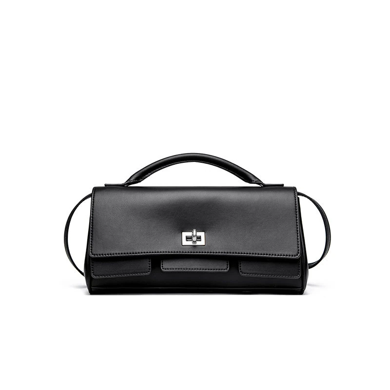 Black rectangular flap clutch with top handle and centered clasp