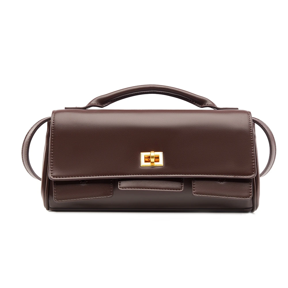 Dark brown structured flap bag with side strap points and gold-tone clasp