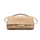 Beige structured flap clutch with top handle and side strap attachments