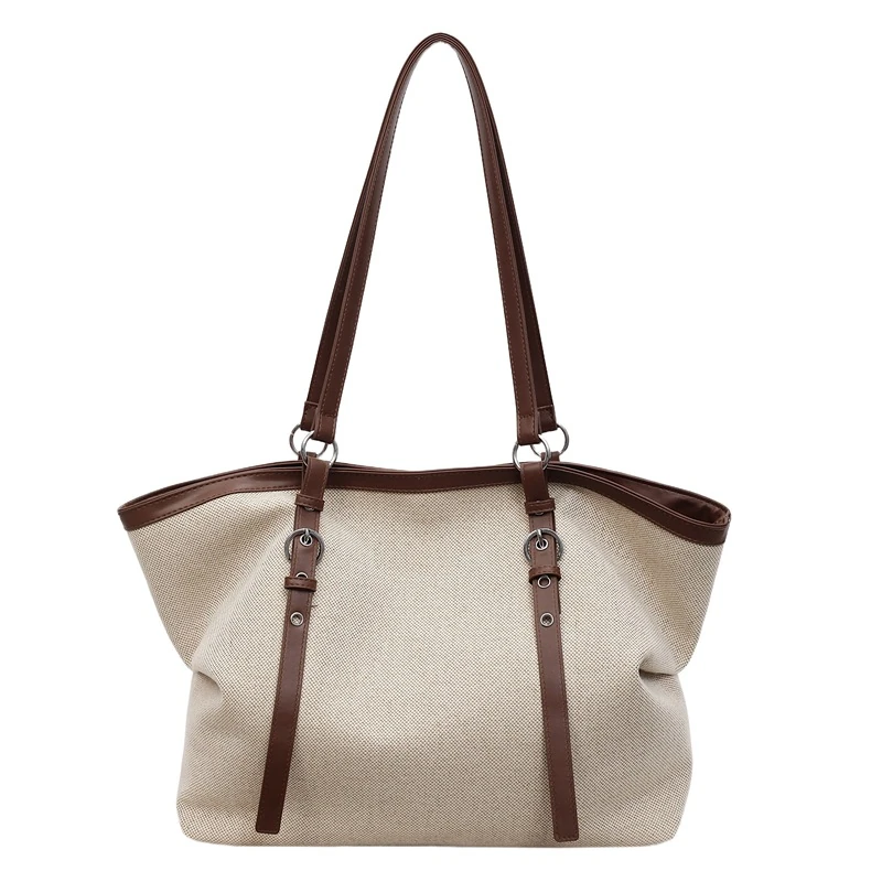 Two-tone fabric shoulder tote with dark brown reinforced trim
