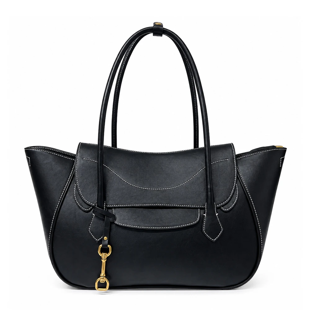 Black winged shoulder tote with long handles and metal charm