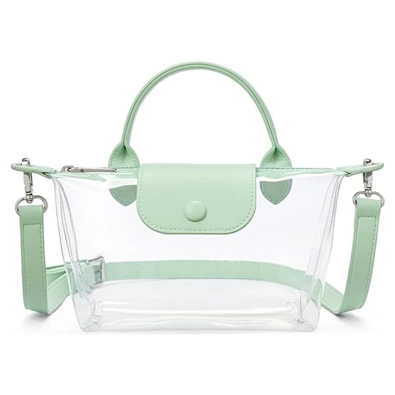 Clear PVC shoulder bag with mint trim and detachable long strap