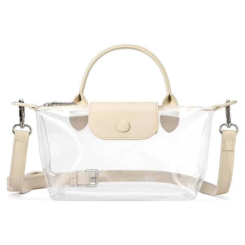 Transparent top-handle bag with cream trim and crossbody strap