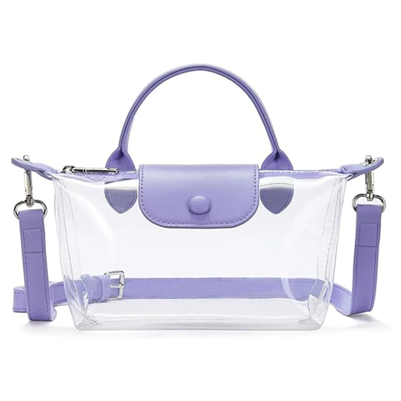 Clear shoulder bag with lavender handles flap and long strap