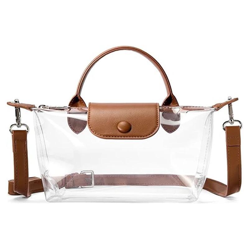 Transparent PVC bag with brown contrast trim and detachable strap