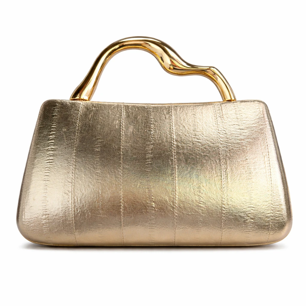 Metallic gold paneled evening clutch with sculpted gold-tone handle