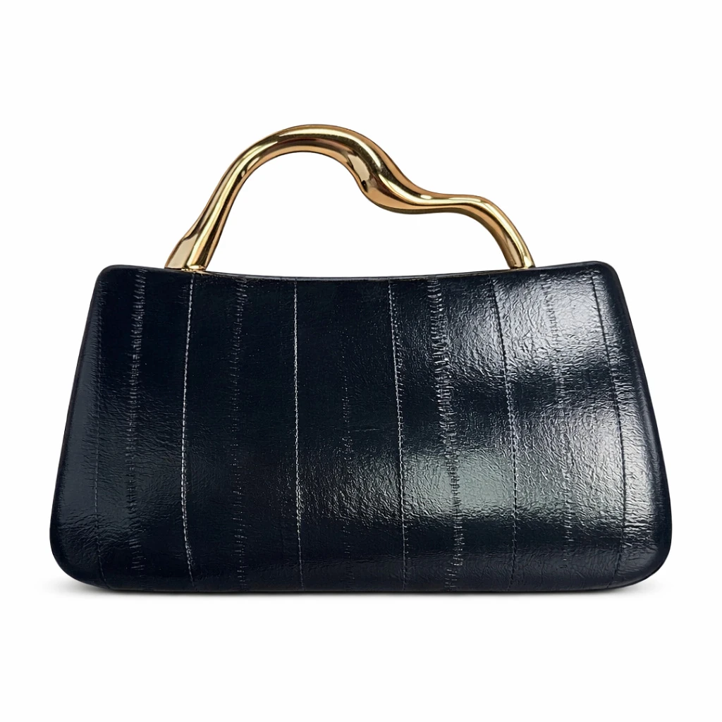 Navy evening clutch with sculpted gold-tone handle