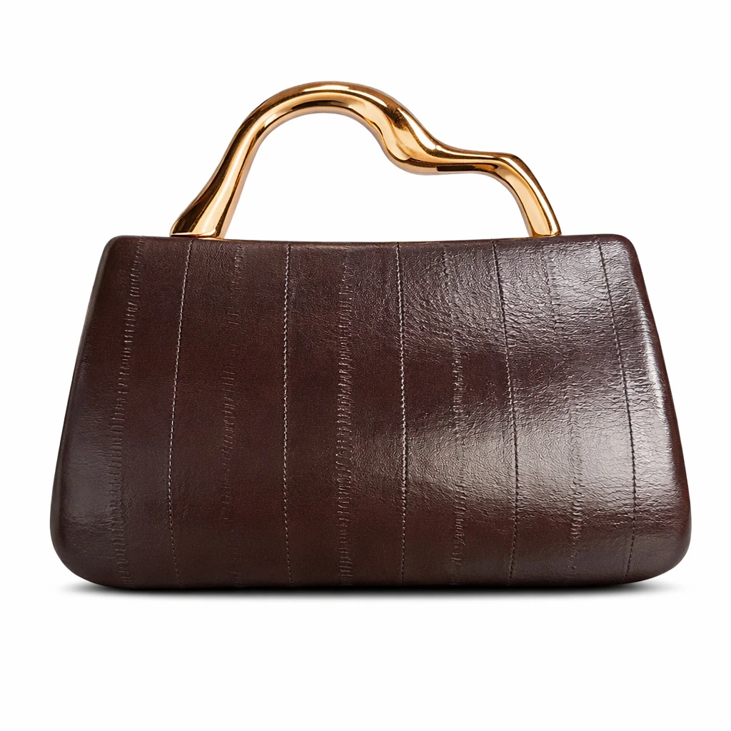 Brown paneled evening clutch with vertical front seams