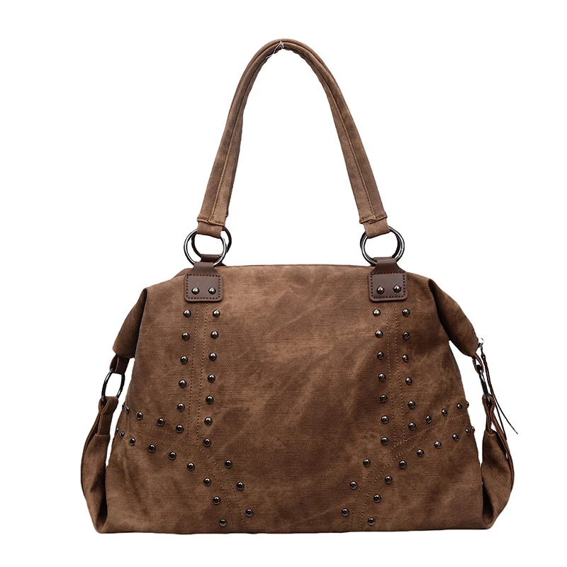 Brown OEM studded shoulder bag with ring-mounted handles