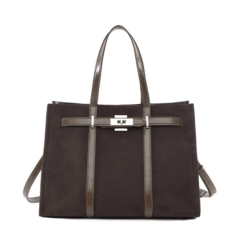 Dark brown suede-look boxy tote with vertical contrast straps