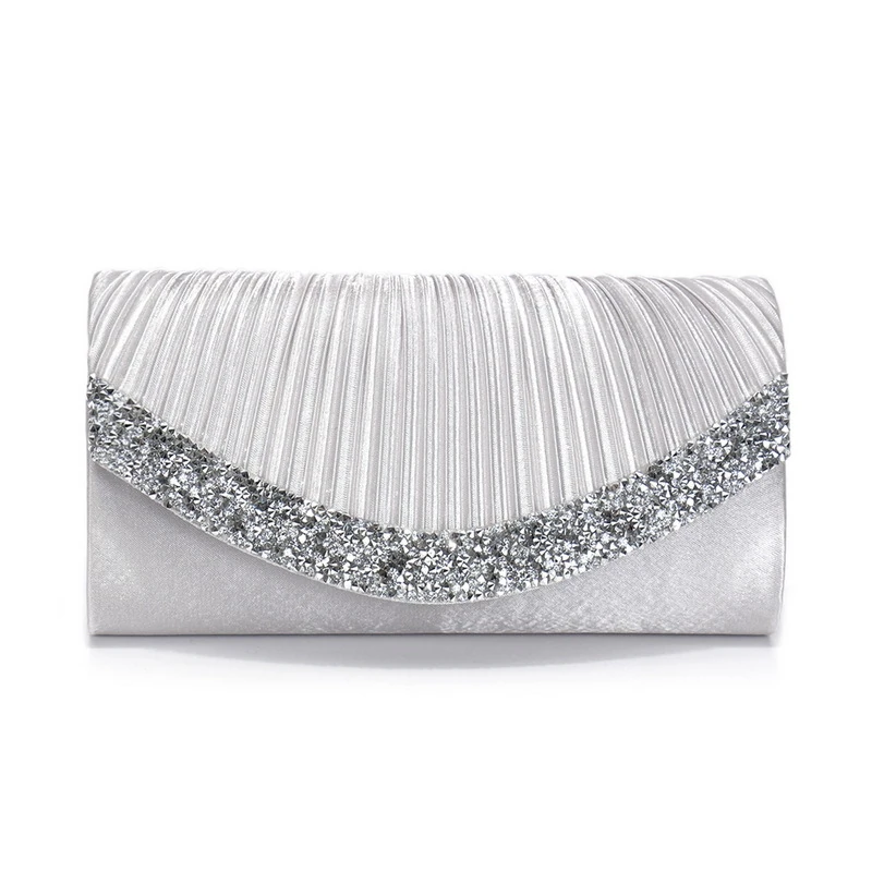 Silver pleated envelope evening bag with V-shaped sparkling trim
