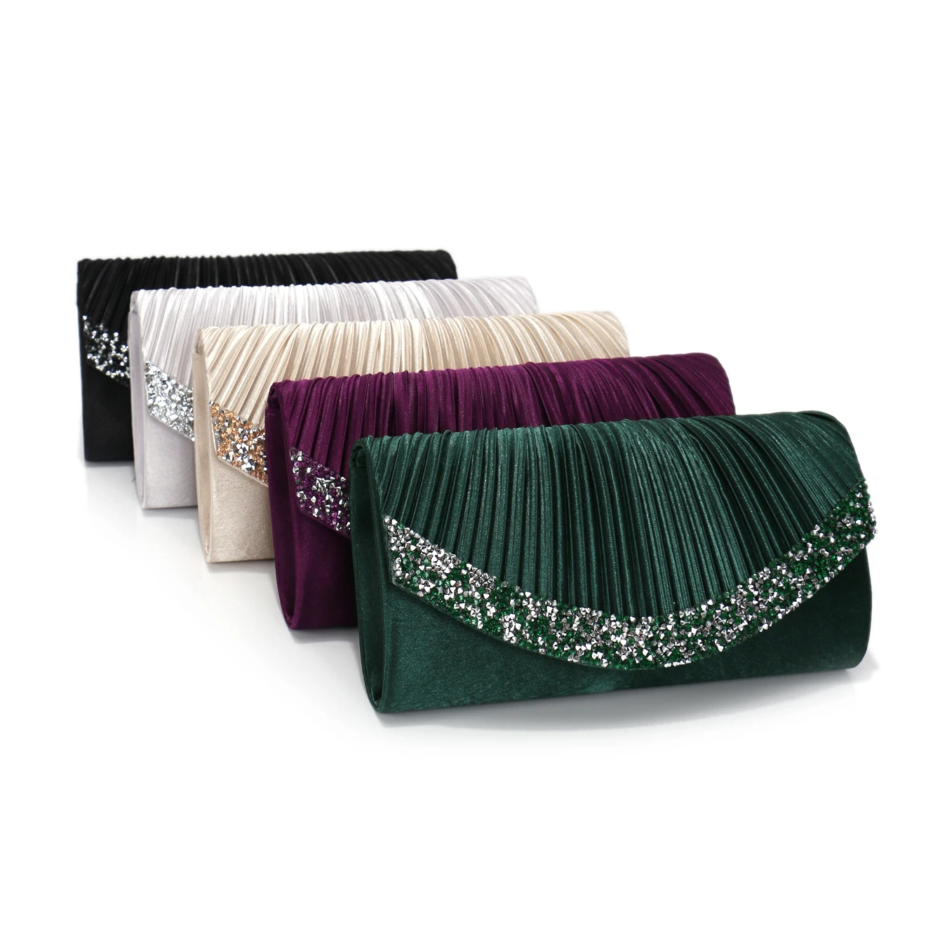 Group of pleated envelope evening bags in black silver champagne purple and green