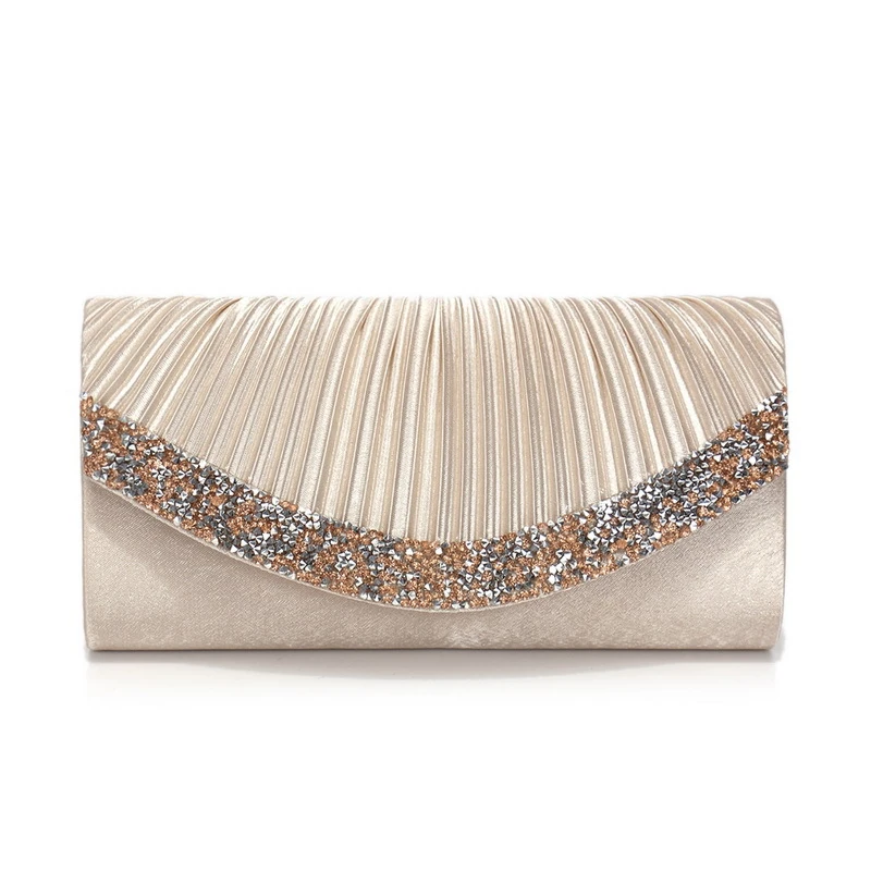 Champagne envelope clutch with pleated flap and V-shaped rhinestone-look band