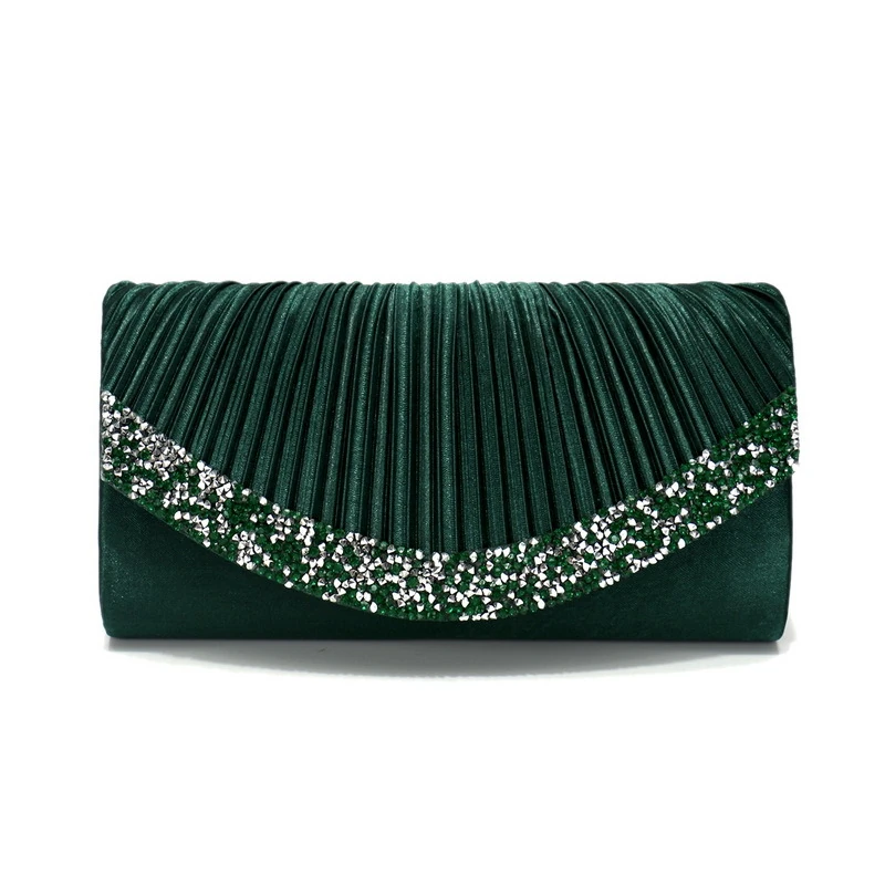 Green pleated evening bag with sparkling V-shaped trim