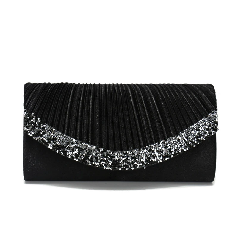 Black envelope evening clutch with pleated flap and silver-tone trim