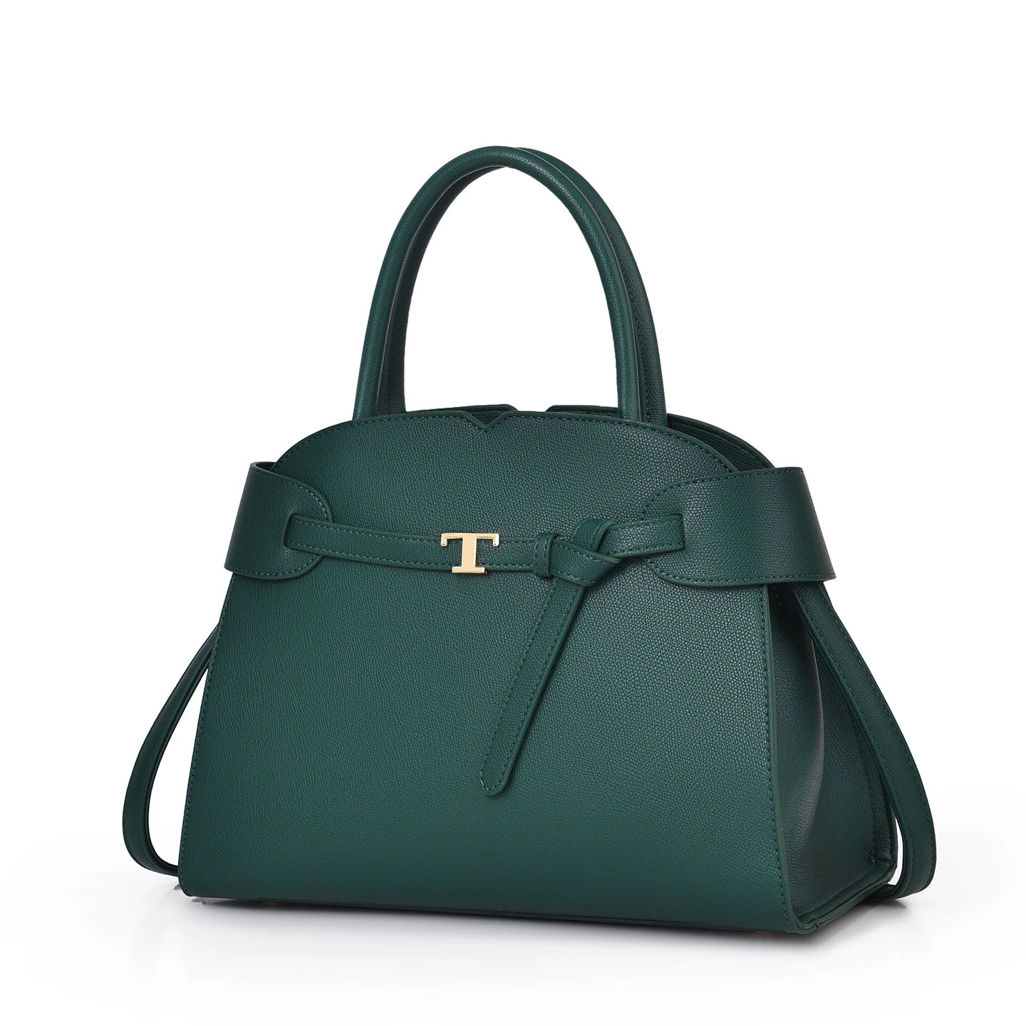 Green structured tote with belted front and long strap