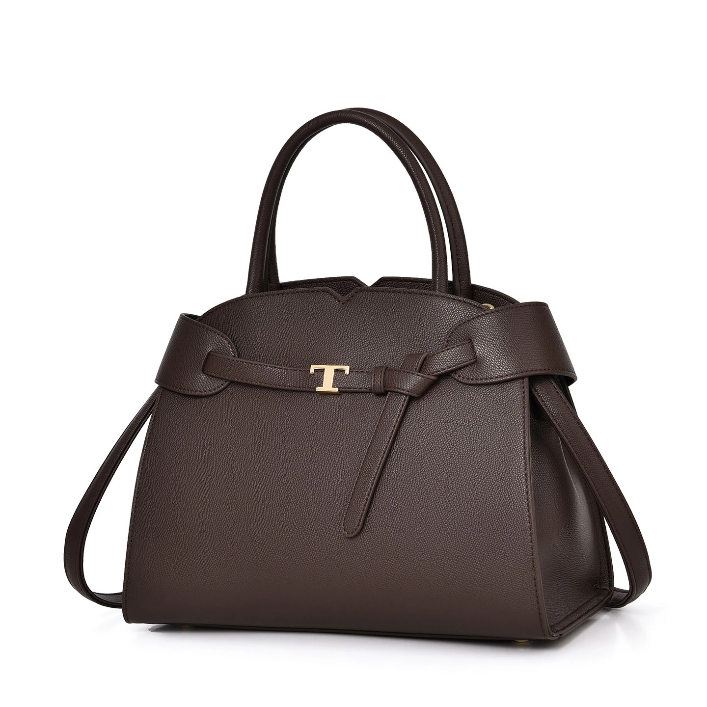 Dark brown belted trapeze tote with double handles