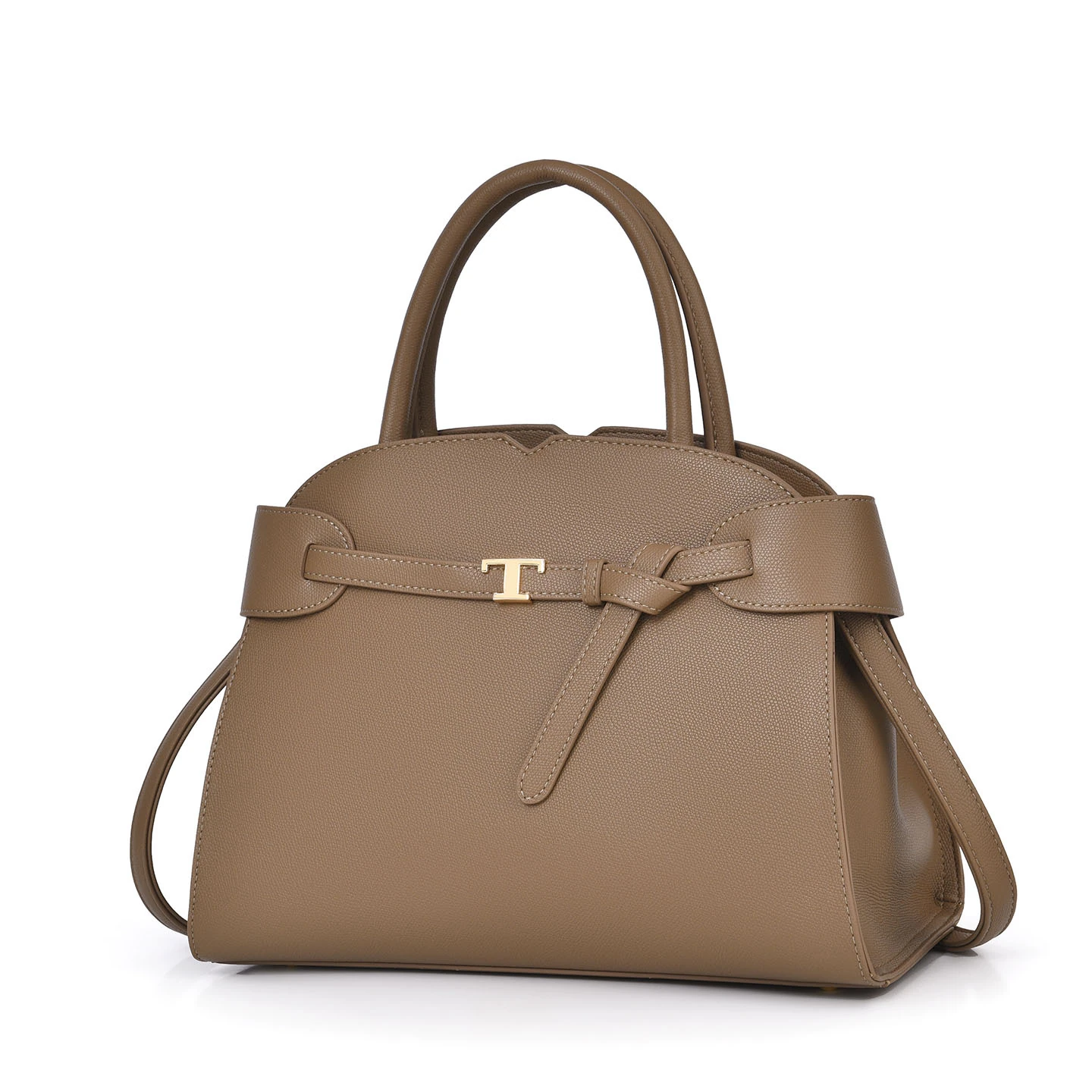 Taupe structured tote with gold-tone front detail