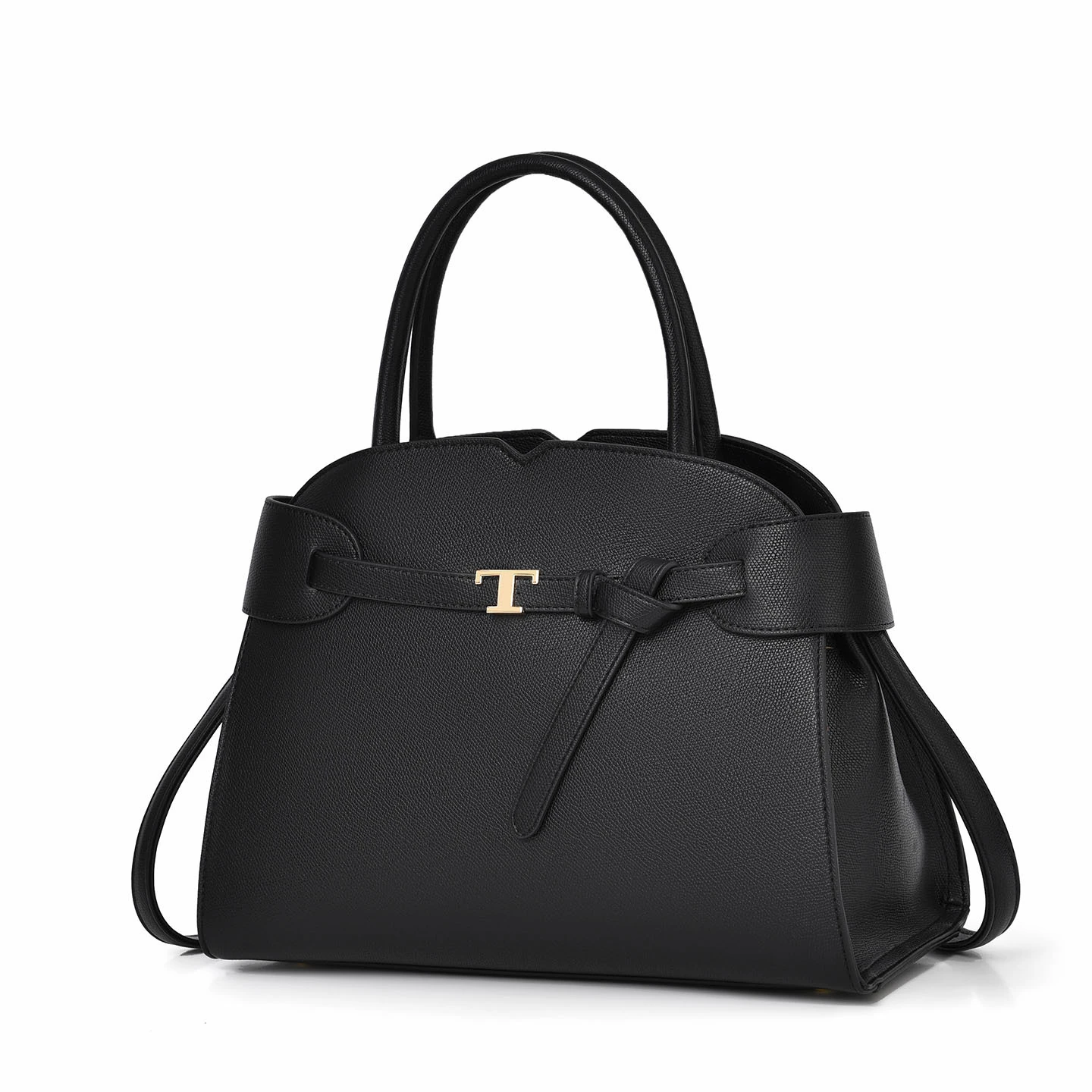 Black private label belted tote with crossbody strap