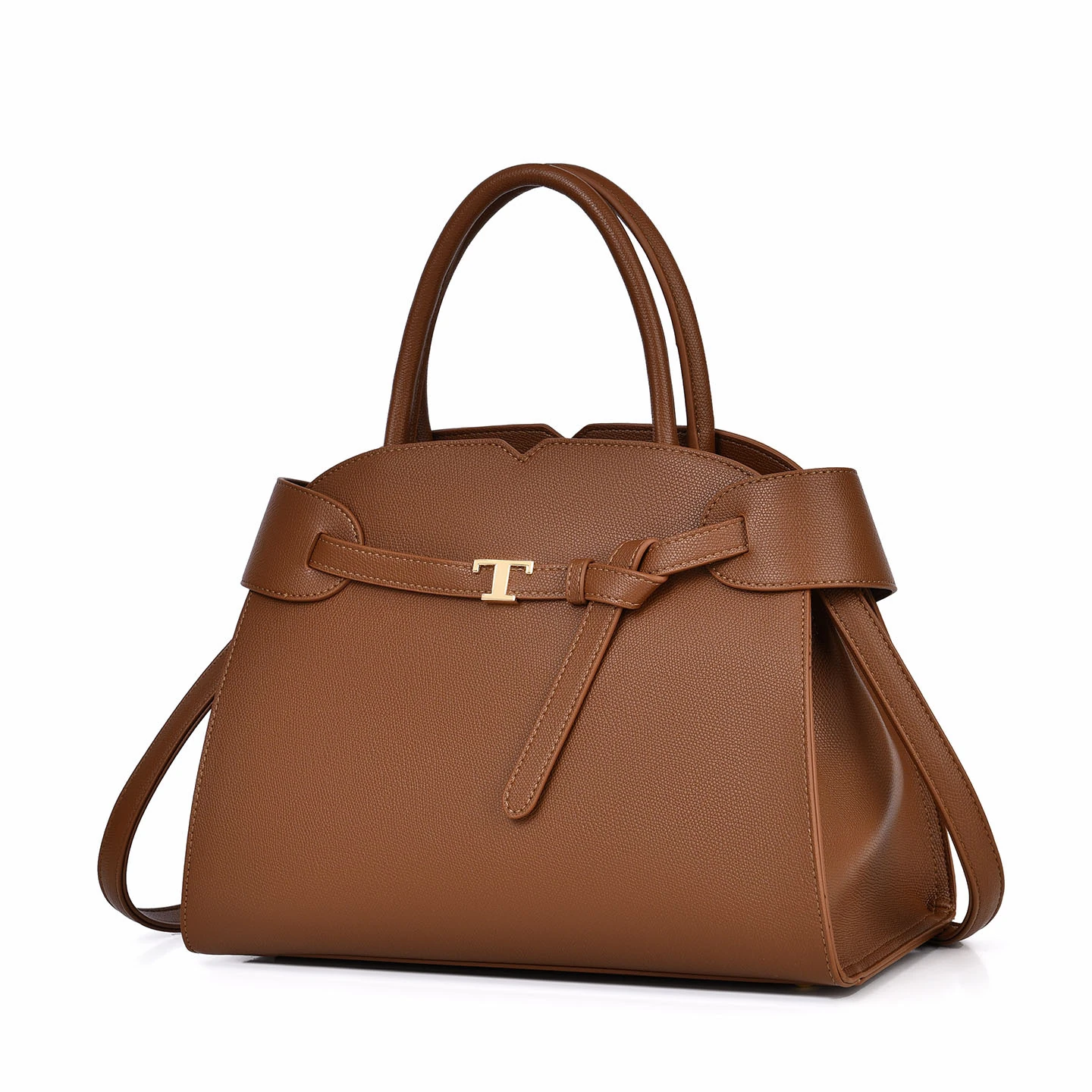 Tan structured tote with wraparound front band