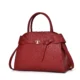 Red belted tote with double handles and long strap