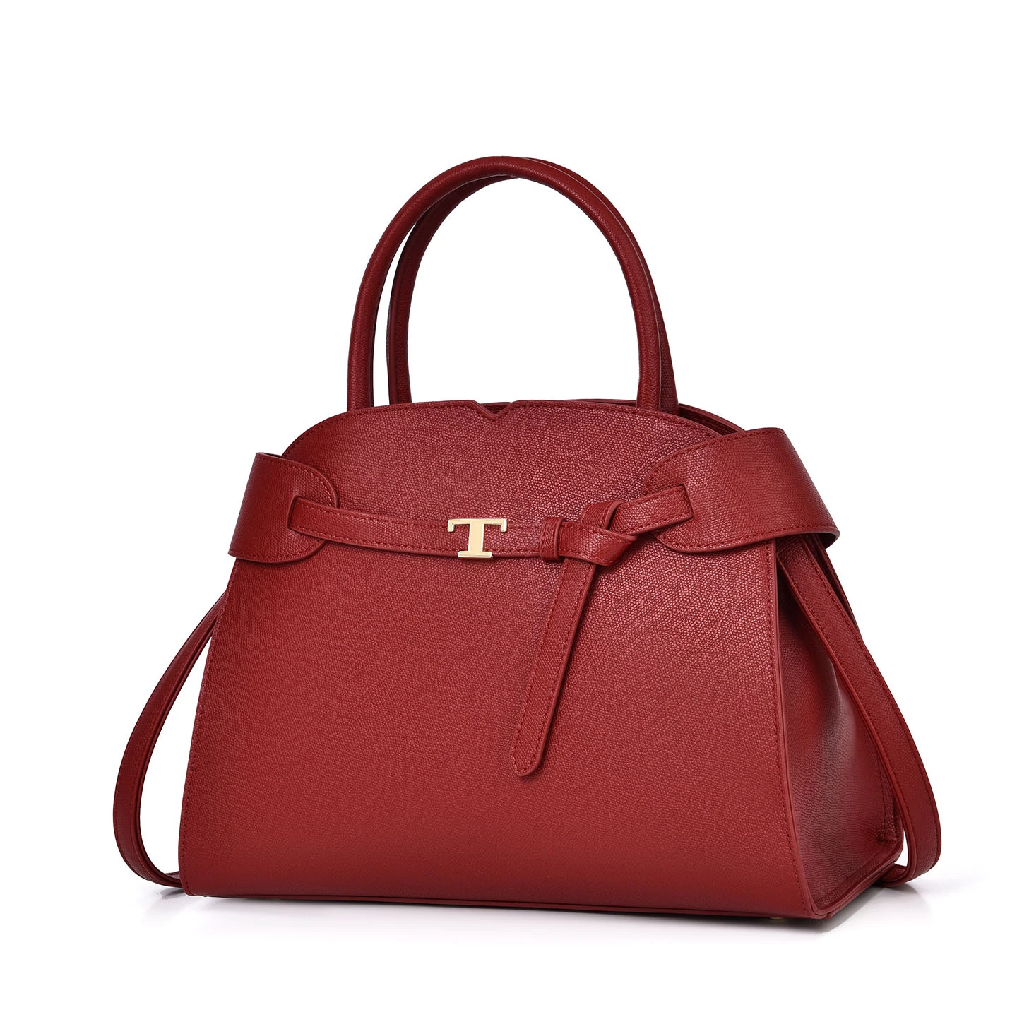 Red belted tote with double handles and long strap