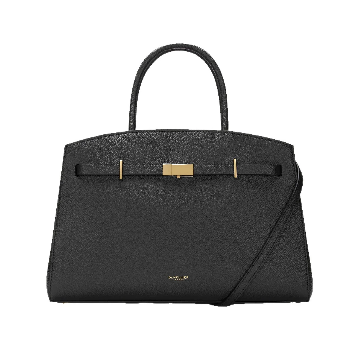 Black structured top-handle tote with front belt and long strap