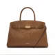 Tan top-handle tote with gold-tone front fitting