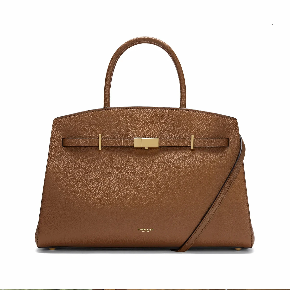 Tan top-handle tote with gold-tone front fitting