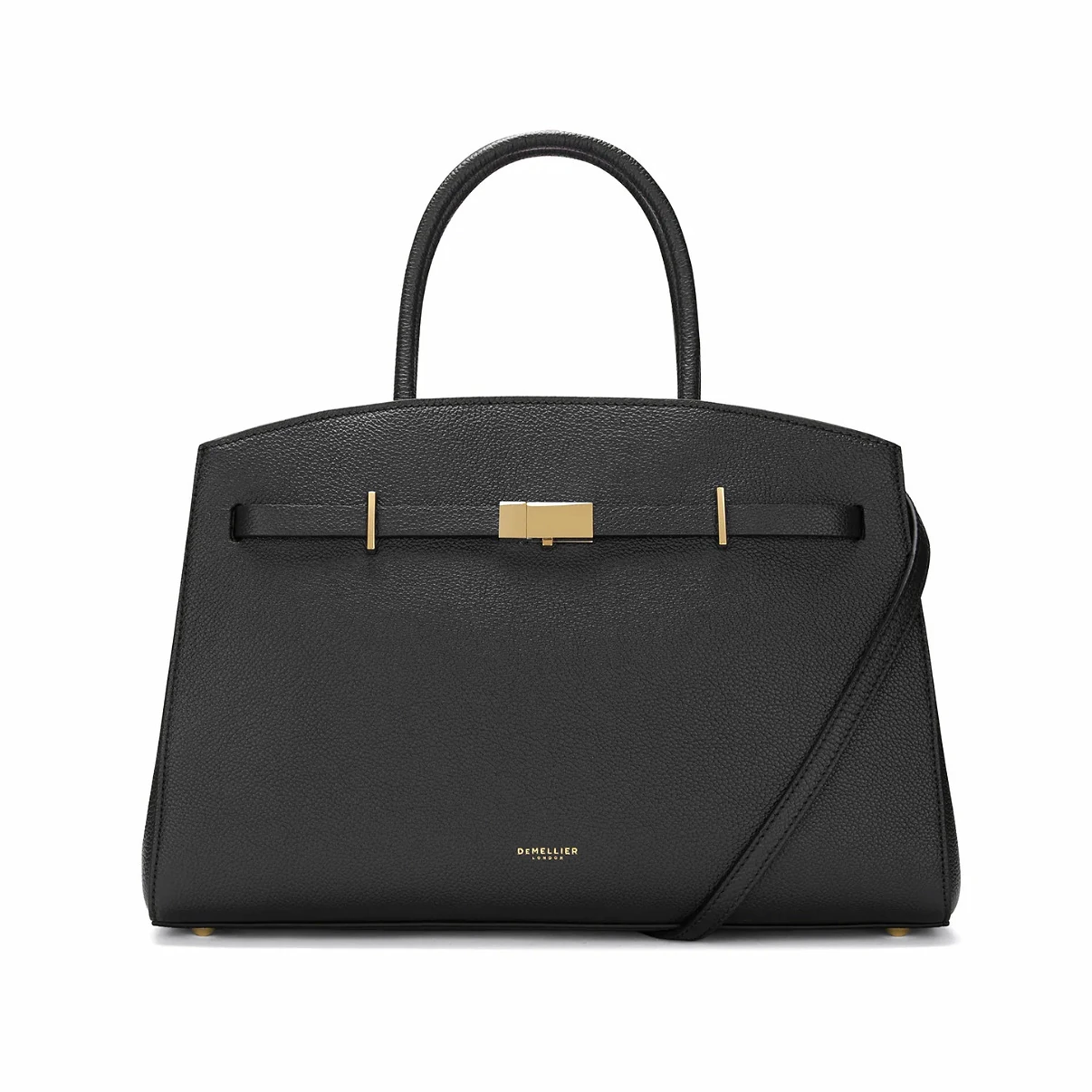 Black belt-detail tote with crossbody strap, front view