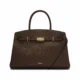 Dark brown structured top-handle tote with long strap