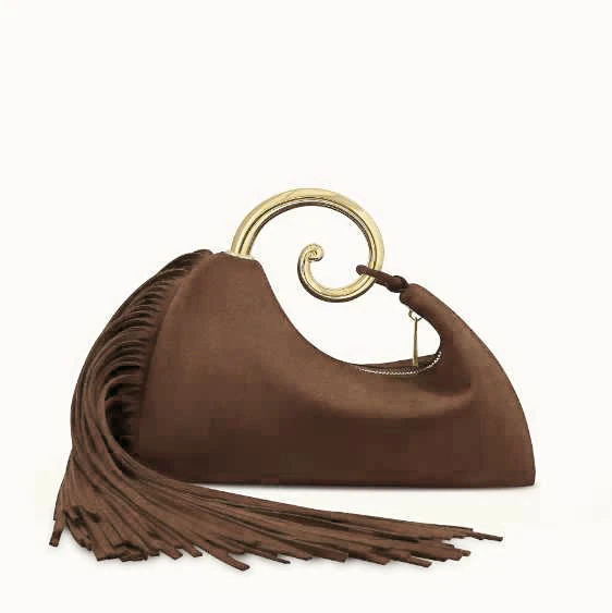 Brown suede-look crescent handbag with curled gold-tone handle and long fringe