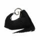 Black crescent top-handle handbag with long side fringe and zip opening