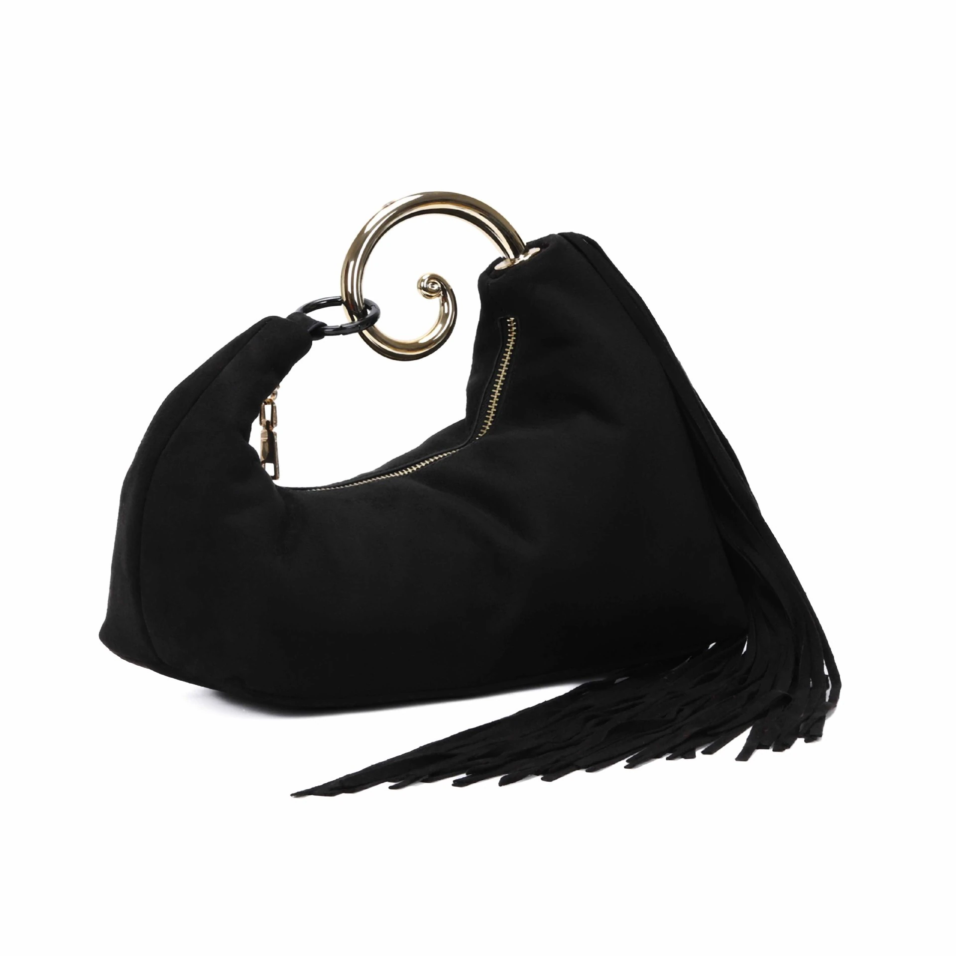 Black crescent top-handle handbag with long side fringe and zip opening
