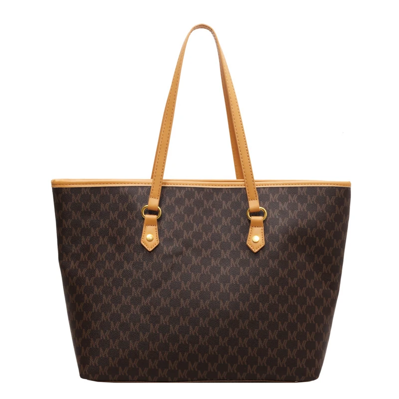 Dark brown all-over pattern tote with tan shoulder handles