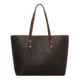 Dark patterned shoulder tote with brown handles, front view