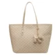 Light beige patterned tote with hanging charm