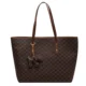 Dark patterned tote with brown trim and hanging charm