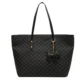Black all-over pattern tote with black handles and charm