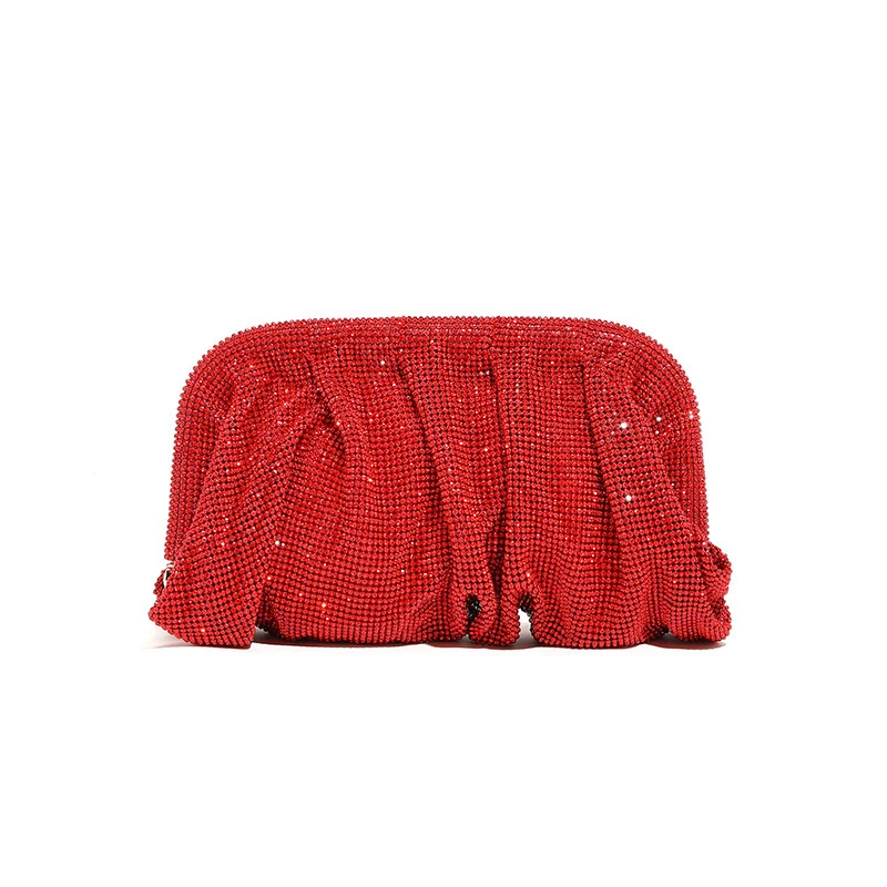Red sparkling pleated rhinestone-look evening clutch, front view