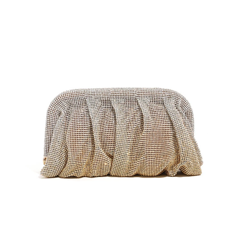Champagne pleated evening clutch with sparkling surface
